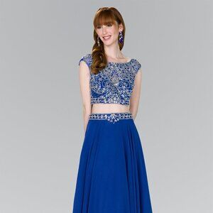 NEW LONG SLEEVELESS A-LINE CHIFFON DRESS EMBROIDERED WITH RHINESTONES GL2422